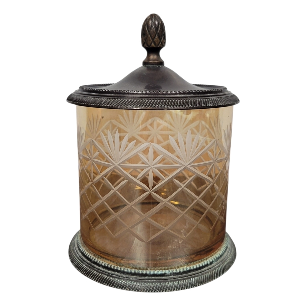 Vintage Glass & Silver Plate Lidded Vanity Jar Starburst Pattern Amber Tint